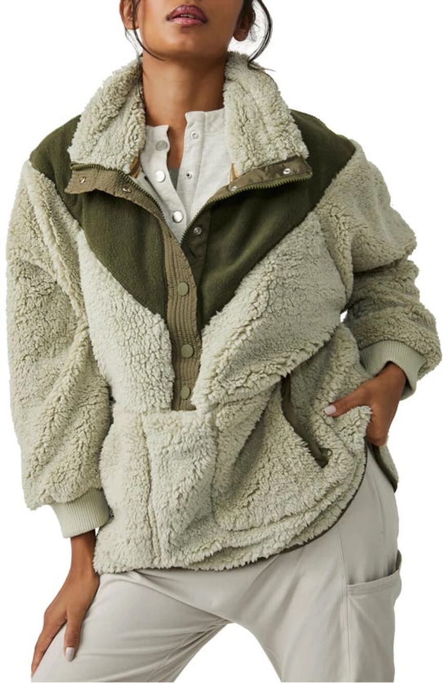 Free People Olive & Cream Sherpa Pullover Jacket